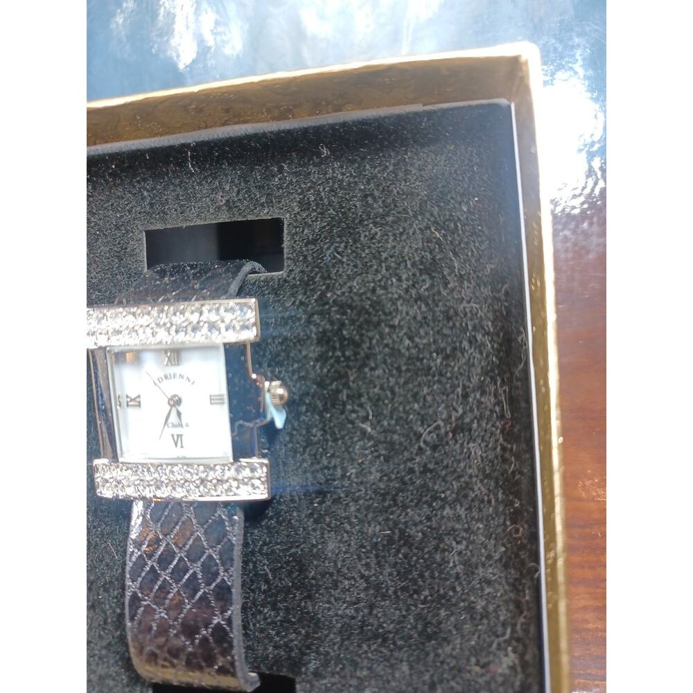 Adrienne Club A Mother Of Pearl White Rhinestone Silvertone Black Band With Box - Picture 3 of 8